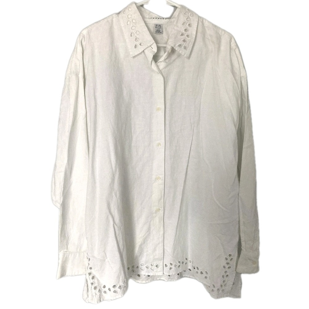 Vtg Express Tunic Top Women L Wht Linen Cotton Eyelet Hem/Collar Button Up NWT